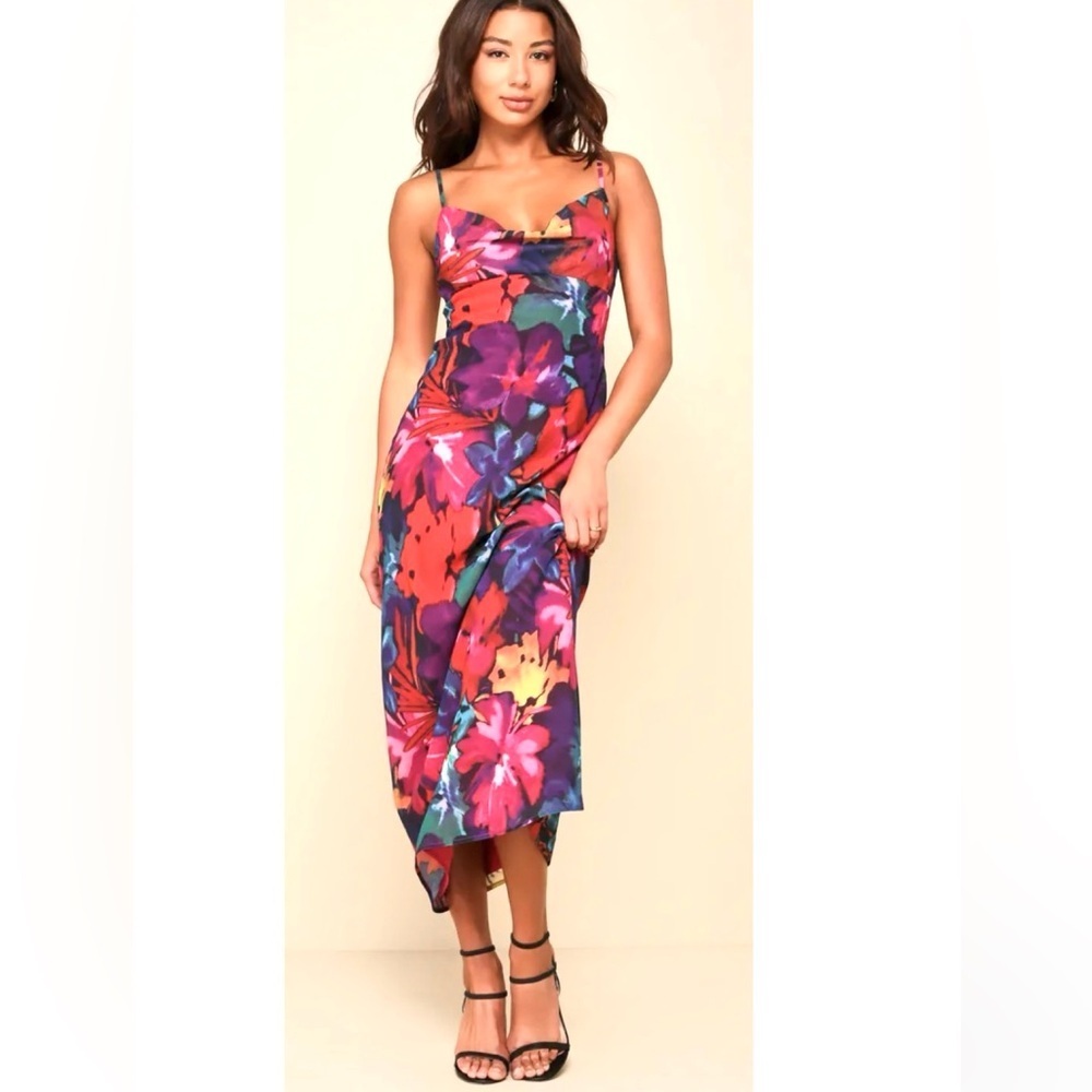 Lulus Meant to Amaze Black Multi Abstract Floral Cowl Slip Maxi Dress Small new